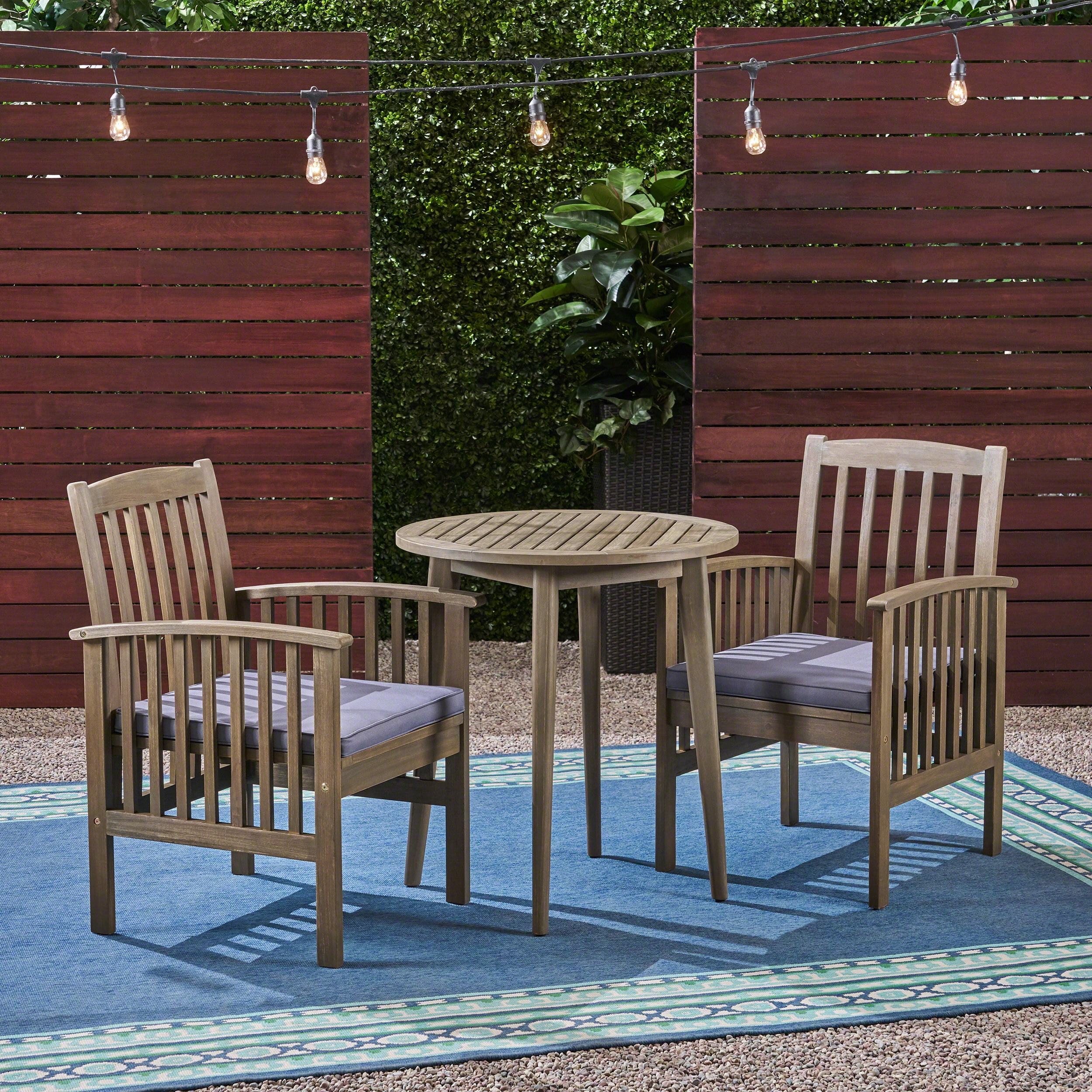 Frederic Outdoor 3 Piece Acacia Wood 28" Round Bistro Set with Straight