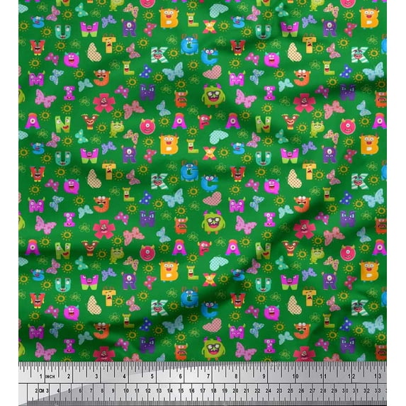 Soimoi Green Cotton Duck Fabric Insect,Sun & Cartoon Alphabets Text Fabric Prints by Yard 56 Inch Wide