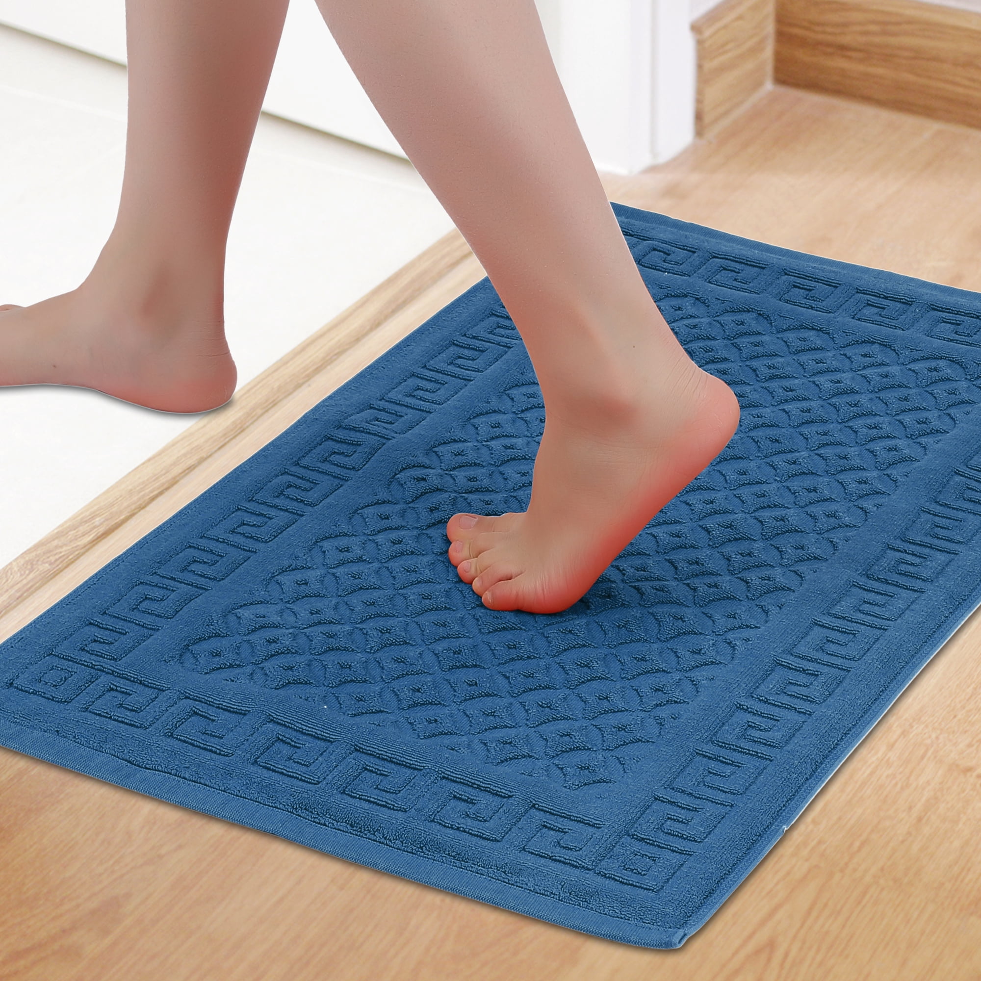 Unique Bargains Cotton Bath Mat Soft Bathroom Rug Absorbent Floor Towel Mats Blue