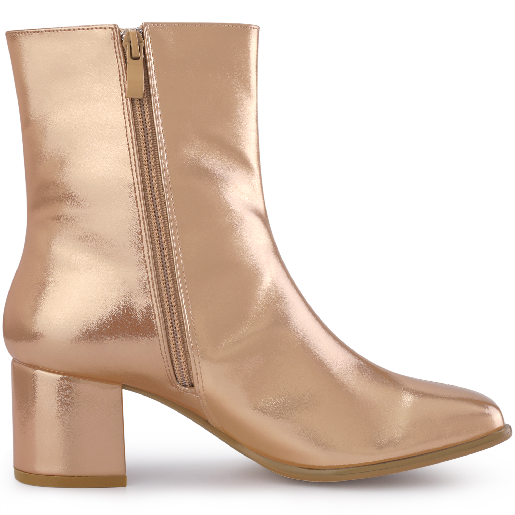 DARING DIVA Metallic Boots Square Toe Chunky Heel Gogo Ankle Boots Rose Gold 7