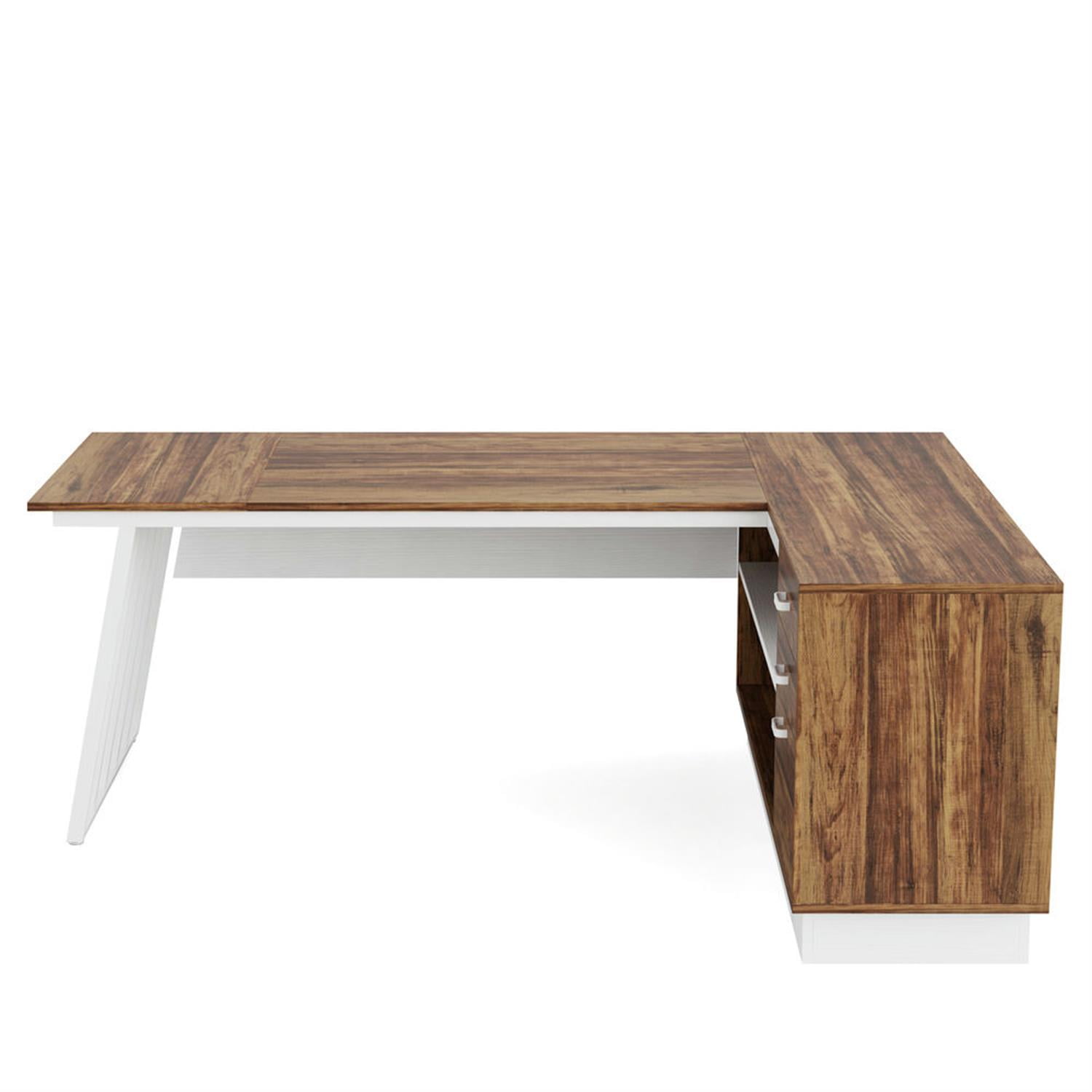 Demi Bonn Modern L Shaped Gaming Computer Desk, 71" Reversible Corner Executive Desk with Cabinet for Home Office, Brown