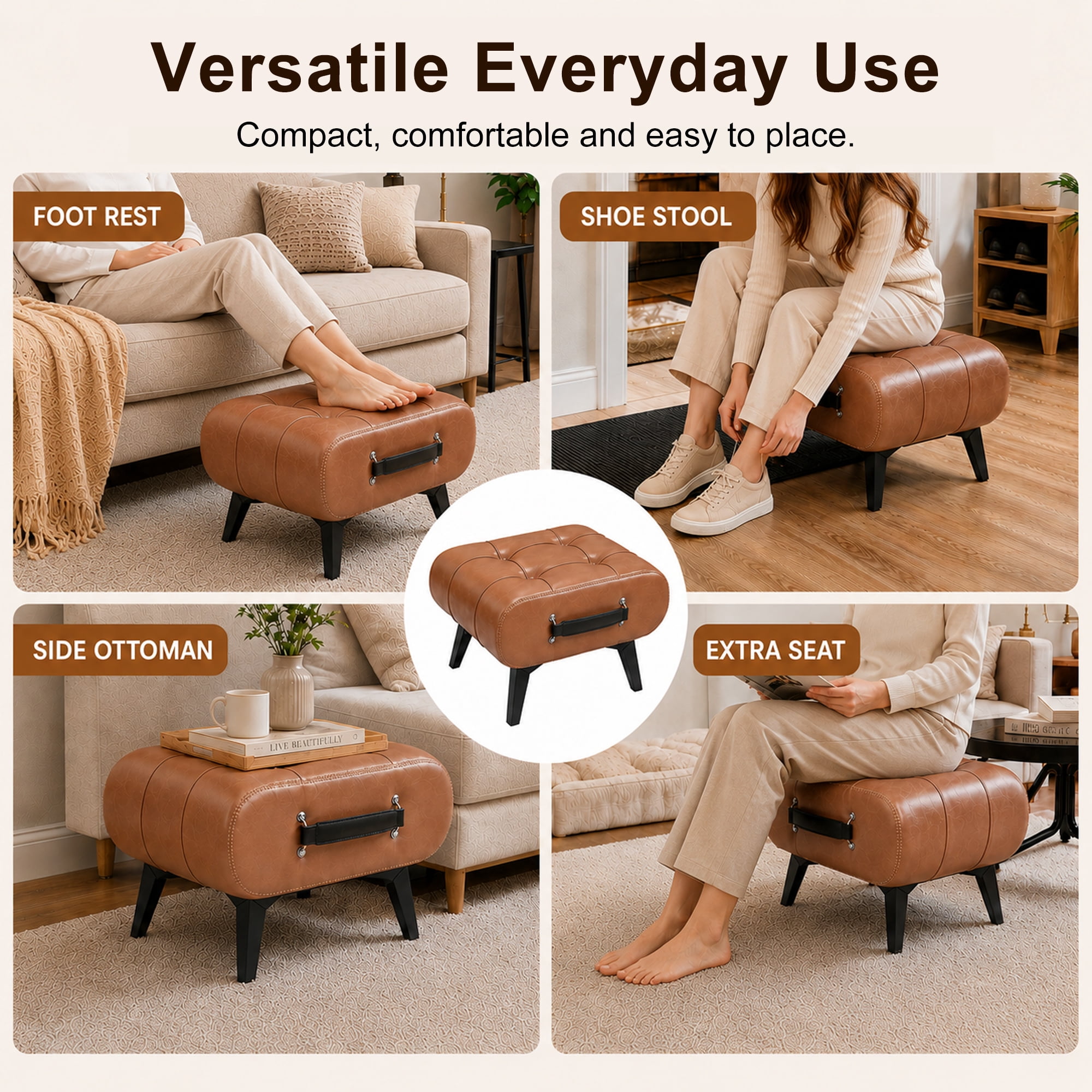 Leumius Modern Leather Stool with Hidden Storage,Portable Handles & Metal Legs,Square Footrest for Living Room,Orange