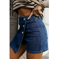 thumbnail image 3 of Women's Bluing Asymmetric Wrapped High Waist Denim Shorts with Button Detail | [ZhiHiMeRi] | 10, 3 of 6