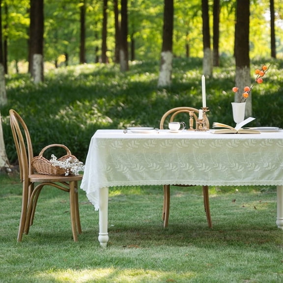 Philowng Cotton Lace Tablecloth with White Floral Embroidery and Ruffled Hem