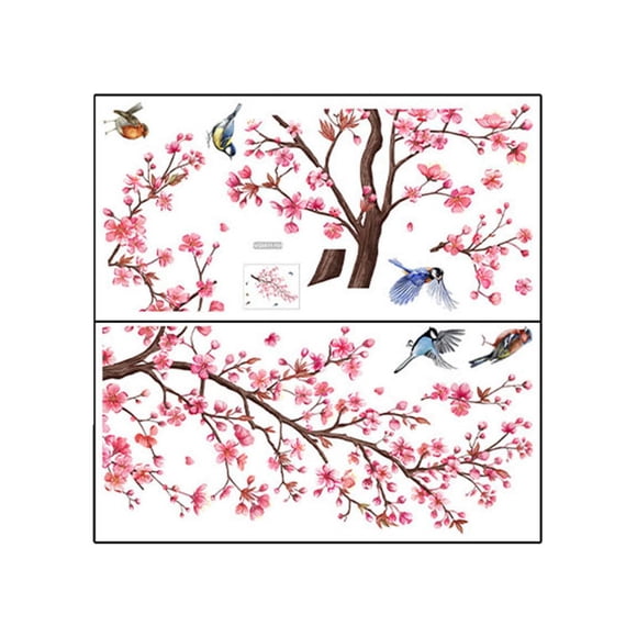 2 pegatinas de pared con diseño de pájaros y flores rosas para ventana, impermeables, modernas y versátiles. Horizontal
