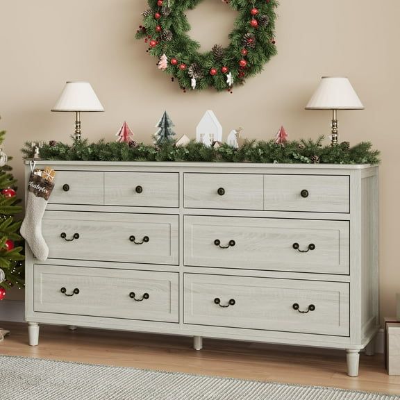 Heynemo Large 6 Drawer Dresser for Bedroom, 58" Long Chest of Drawers, Wooden Dresser for Closet, Wood Drawer Organizer for Living Room, Hallway, Light Grey