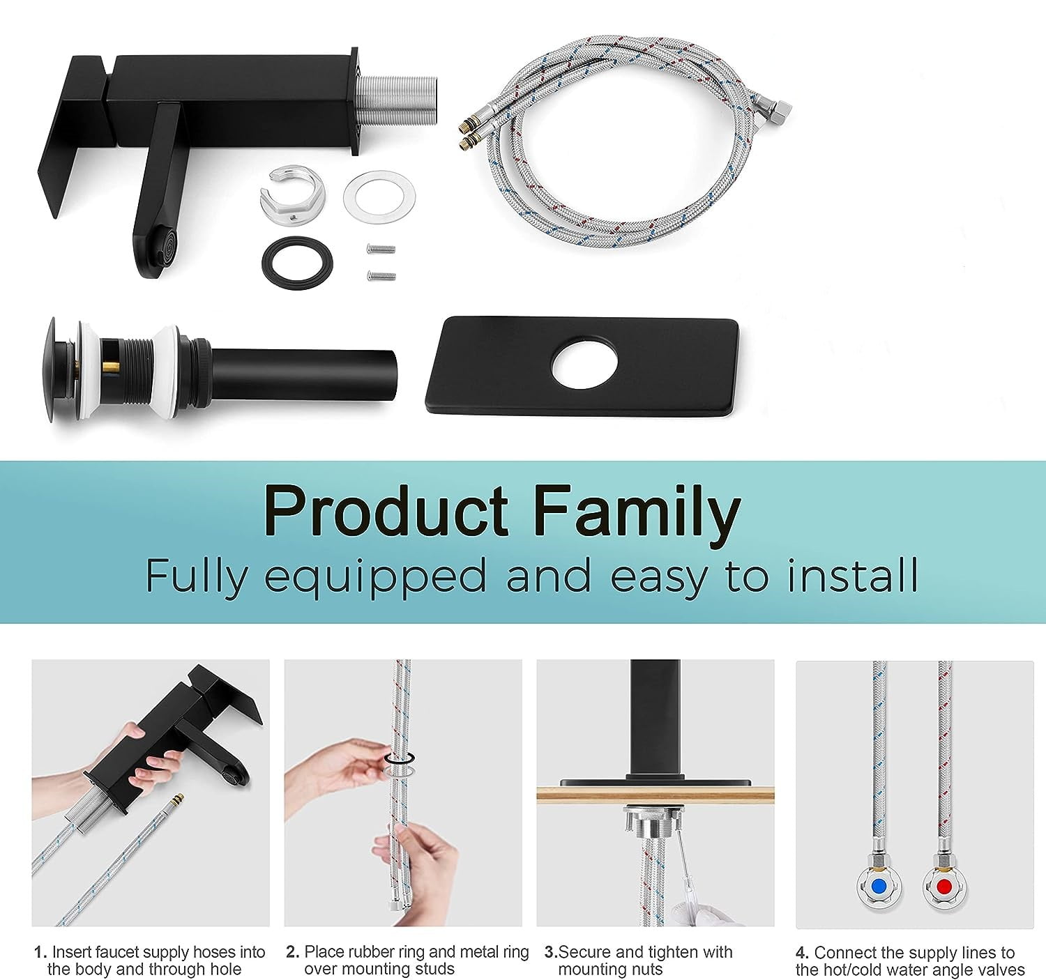 Matte Black Bathroom Faucet with Brass Pop-Up Drain - Single Handle Stainless Steel Sink Faucet for 1 or 3 Hole Installation, Waterfall Spout, Easy to Install - Includes 2 Water Hoses
