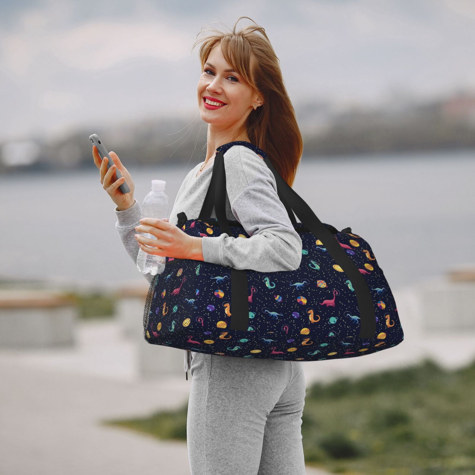 Fuzoiu Space Dinosaur Print Travel Duffle Bag,Carry On Tote Bags,Duffel Bag,Sport Gym Bag, Hospital Bag for Labor and Delivery, Overnight Bag,Luggage Bag