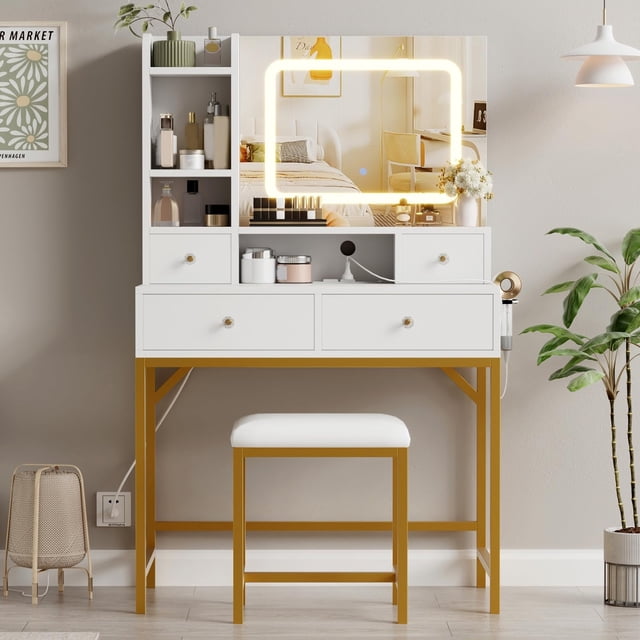 Qinaqin Makeup Vanity Escritorio con Mirror Charging Station LE cm de Profundidad Lights 4 Cajones 2 Abierto Shelves y Stool para Dormitorio o Studio