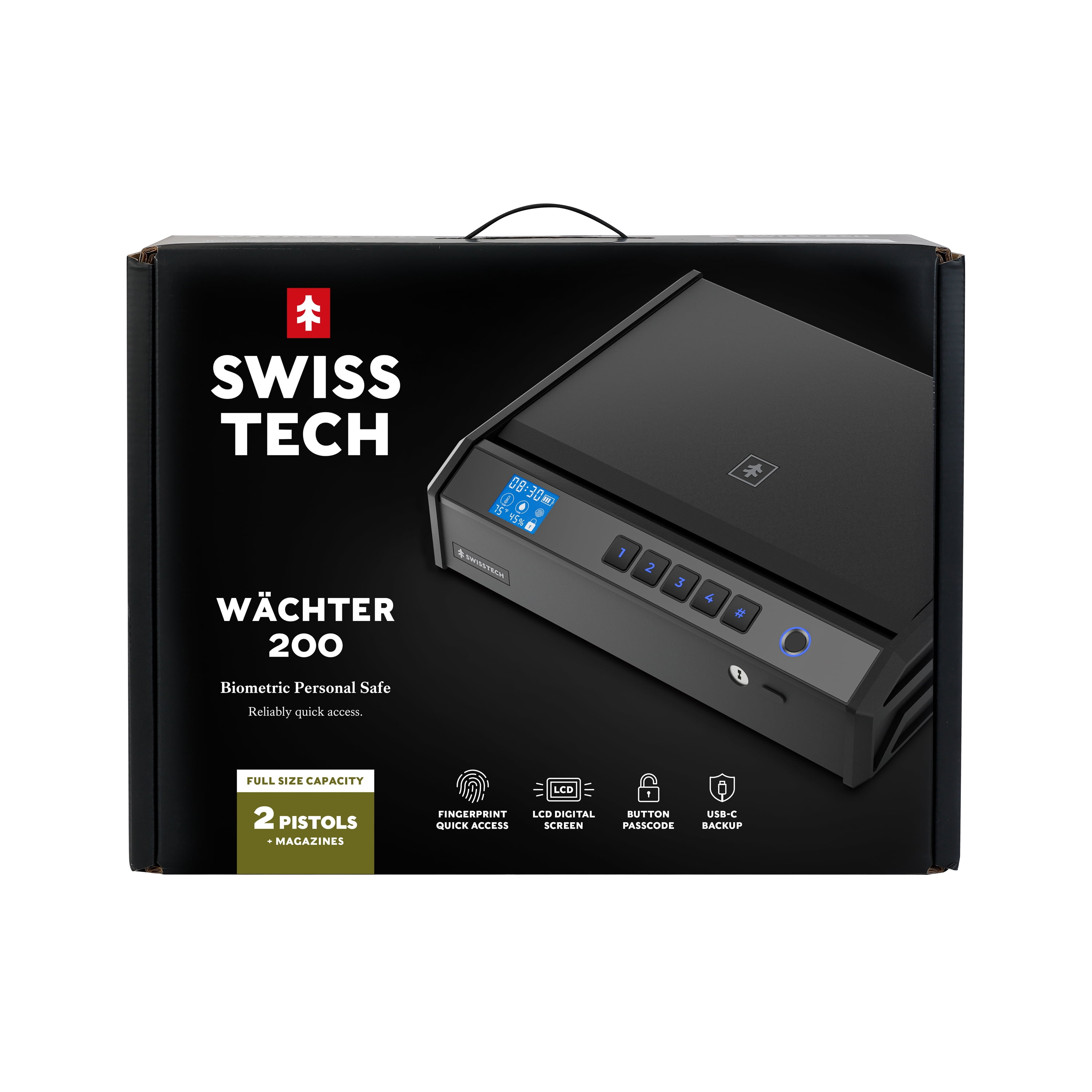 Swiss Tech Wächter 200 Biometric Gun Safe for 2 Handguns, Fingerprint Safe with LCD Display, USB-C Emergency Power, Keypad & Key Backup