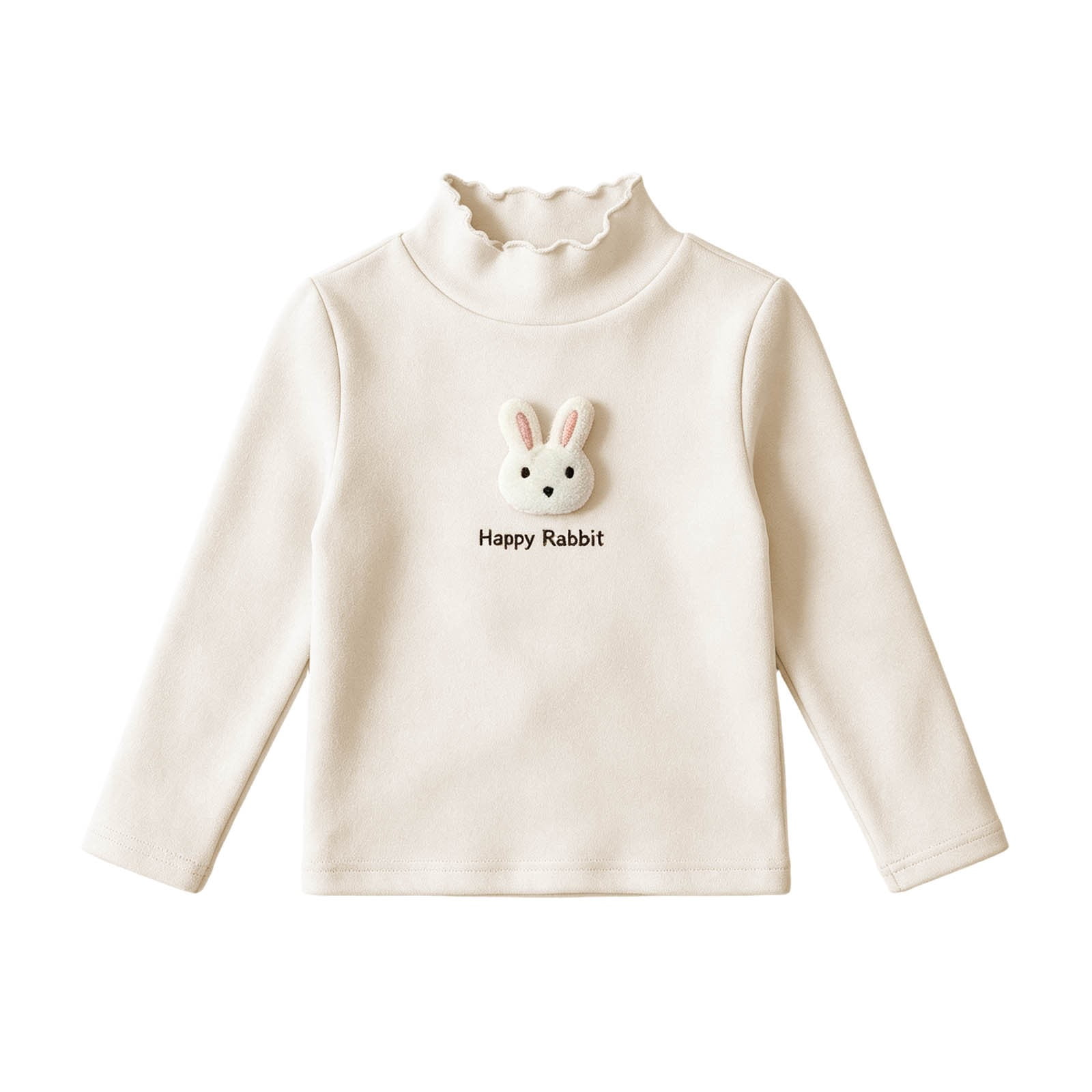 Yeaiivve Toddler Girls Long Sleeve Tops Ruffle Mock Neck Happy Rabbit Graphic Cute Tees Fall Casual T-Shirts Thin Fleece Thermal Undershirts for Kids Beige 2-3 Years