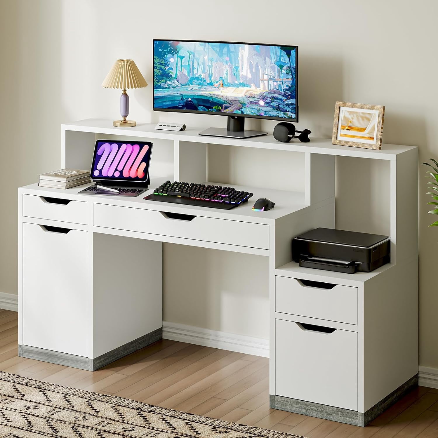DreamCurship 58 inch White Desk with Drawer, Computer Desk with Hutch and File Cabinet, Executive Desk with Long Monitor Stand & Storage Shelves, White