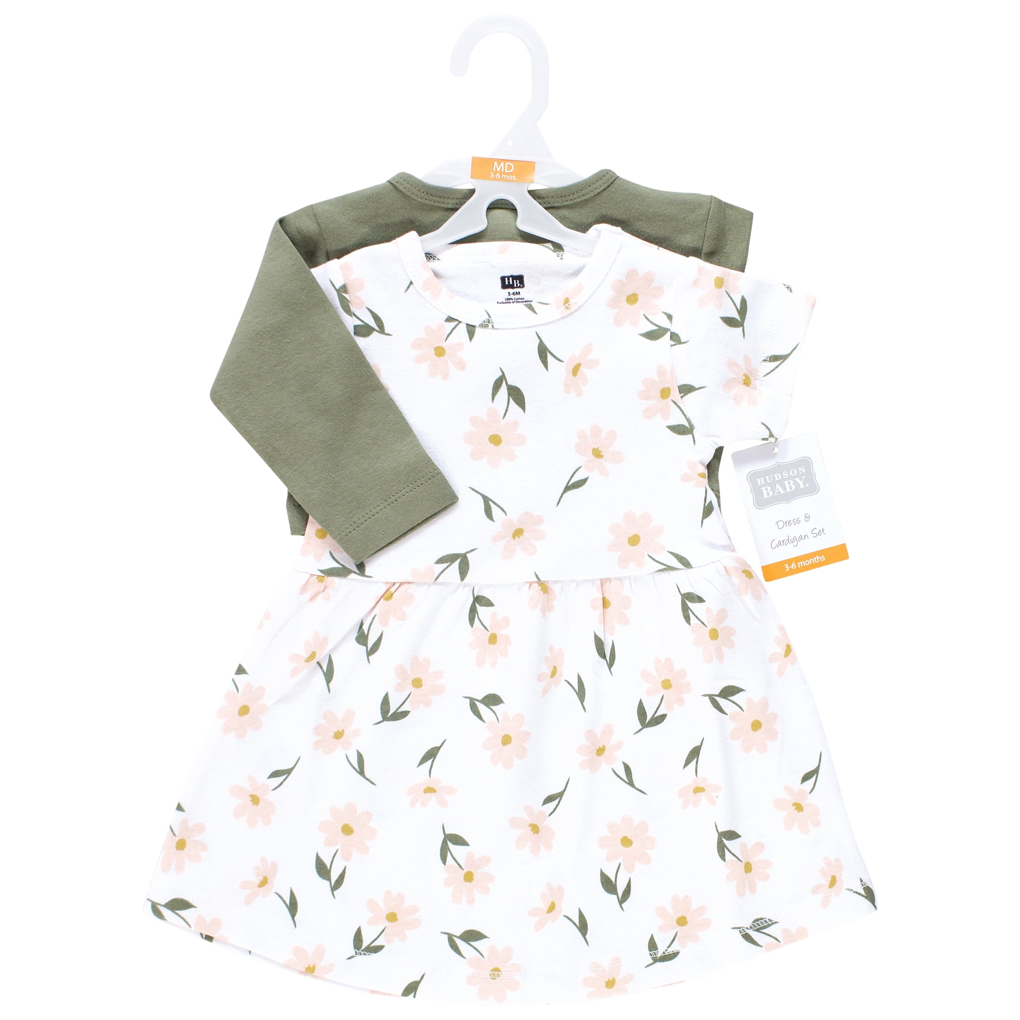Hudson Baby Infant and Toddler Girls Cotton Dress and Cardigan Set, Sage Floral, 18-24 Months