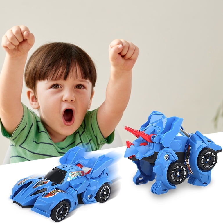Coche Dinosaurio Transformable Con Colisión | Juguete 2 En 1 De PVC Para Niños De 3 A 7 Años, Color Azul Y Dorado Con Efecto Noctilucente