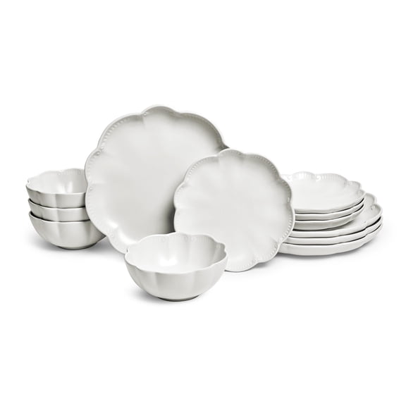 Sango Bethany 12-Piece White Stoneware Dinnerware Set with Scalloped Design