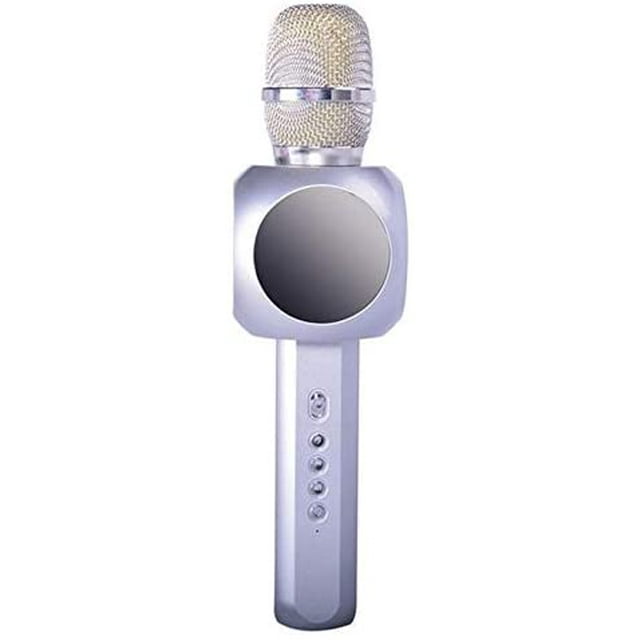 Wireless Karaoke Bluetooth Microphone, Mini Handheld Karaoke Player Singing Microphone KTV USB Speaker Player in a modern silver finish. Features a metallic mesh microphone head, integrated speaker, and control buttons on the handle. Offers Bluetooth and 3.5mm audio cable connectivity, compatible with Apple and Android devices. Suitable for KTV singing, parties, family gatherings, travel, and live performances.