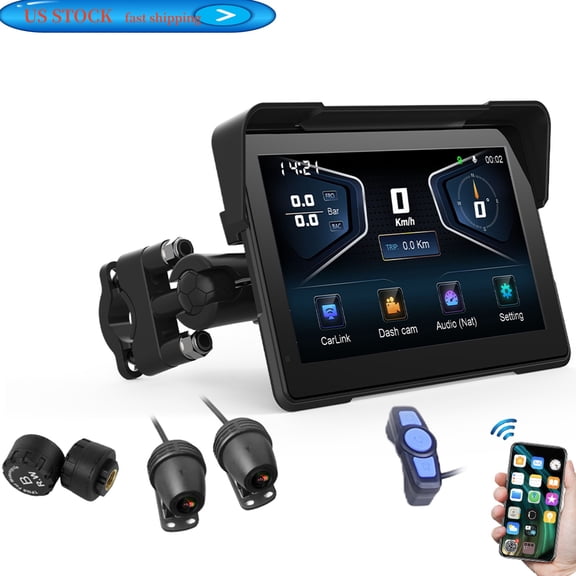 FENGXIH 7 Inch IP67 Waterproof Motorcycle GPS Navigation | 1080P Front&Rear Dash Cam | CarPlay Android Auto WiFi TPMS GPS Tracking
