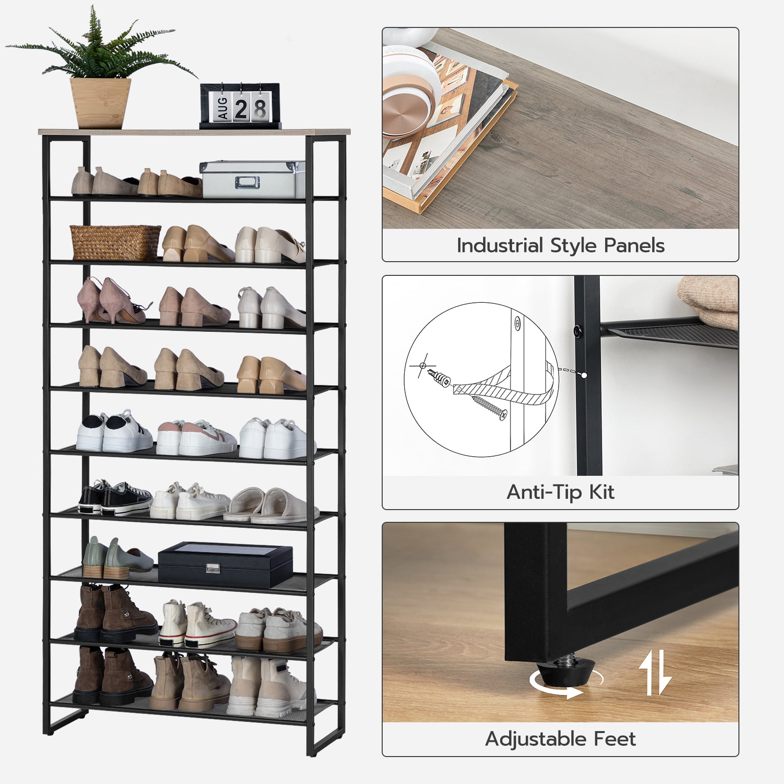 HOOBRO 10-Tier Shoe Rack Shoe Storage Organizer Shelf for 27-36 Pairs of Shoes Entryway Hallway Dorm Room Bf107xj01, Size: 29.5’’ Large x 11.2’’ W x