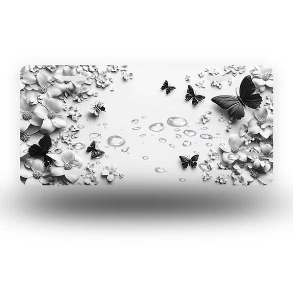 License Plate,Monochrome Butterflies and Flowers Decorative Front,Personalized Stainless Steel License Plate Cover For Men Women,12.2" X 6.2"
