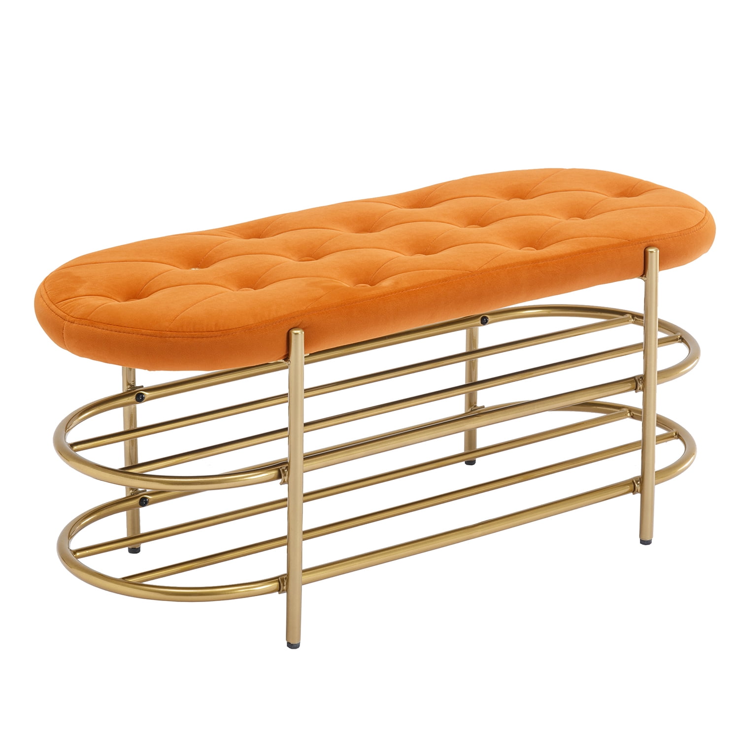 Kepooman Orange Beach, Upholstered End of Bed Bench with 2 Shelf, Velvet Storage Beach for Living Room Kepooman Orange Beach, Upholstered End of Bed Bench with 2 Shelf, Velvet Storage Beach for Living Room