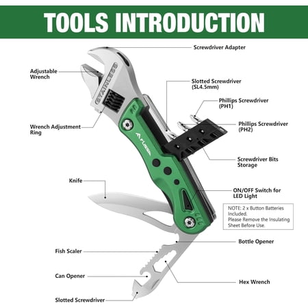 FJSHN-13-in-1 Multi Tool Wrench Gift for Men Stainless Steel Multitool Adjustable Wrench with LED Light EDC Pocket Knife with Sheath Multipurpose Multi Use Tool