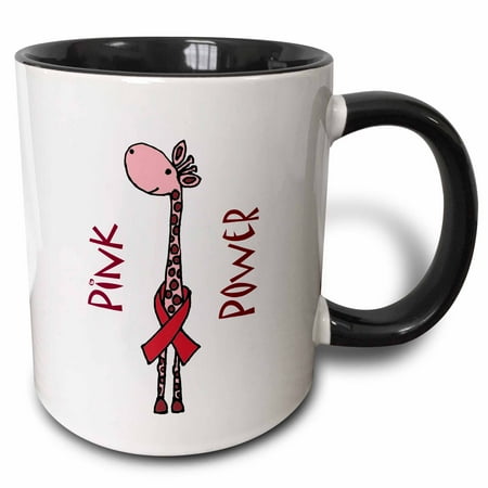 Giraffe Print Mug 3dRose Funny Pink Giraffe Pink Power Support for Breast Cancer - Two Tone Black Mug, 11-ounce ()