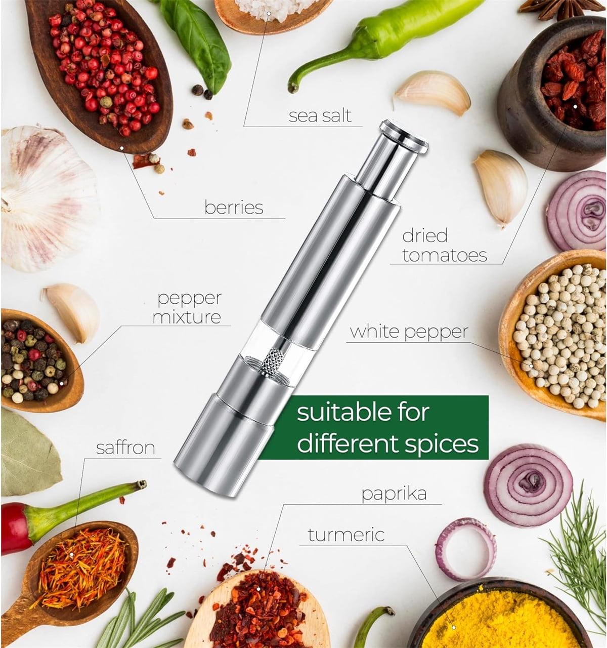Salt and Pepper Grinder 1 Pack,Refillable One-Handed Pepper Grinder Mill,Manual Push Button Pepper Mill,Stainless Steel Mill Grinder for Spices,Modern Design Grinder for Sea Salt