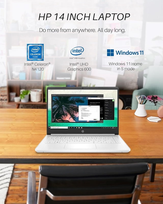 HP 14" HD Laptop for Students & Business, Intel Quad-Core, 8GB RAM, 64GB eMMC, UHD Graphics, Long Battery Life, Webcam, Windows 11 Home (S Mode)