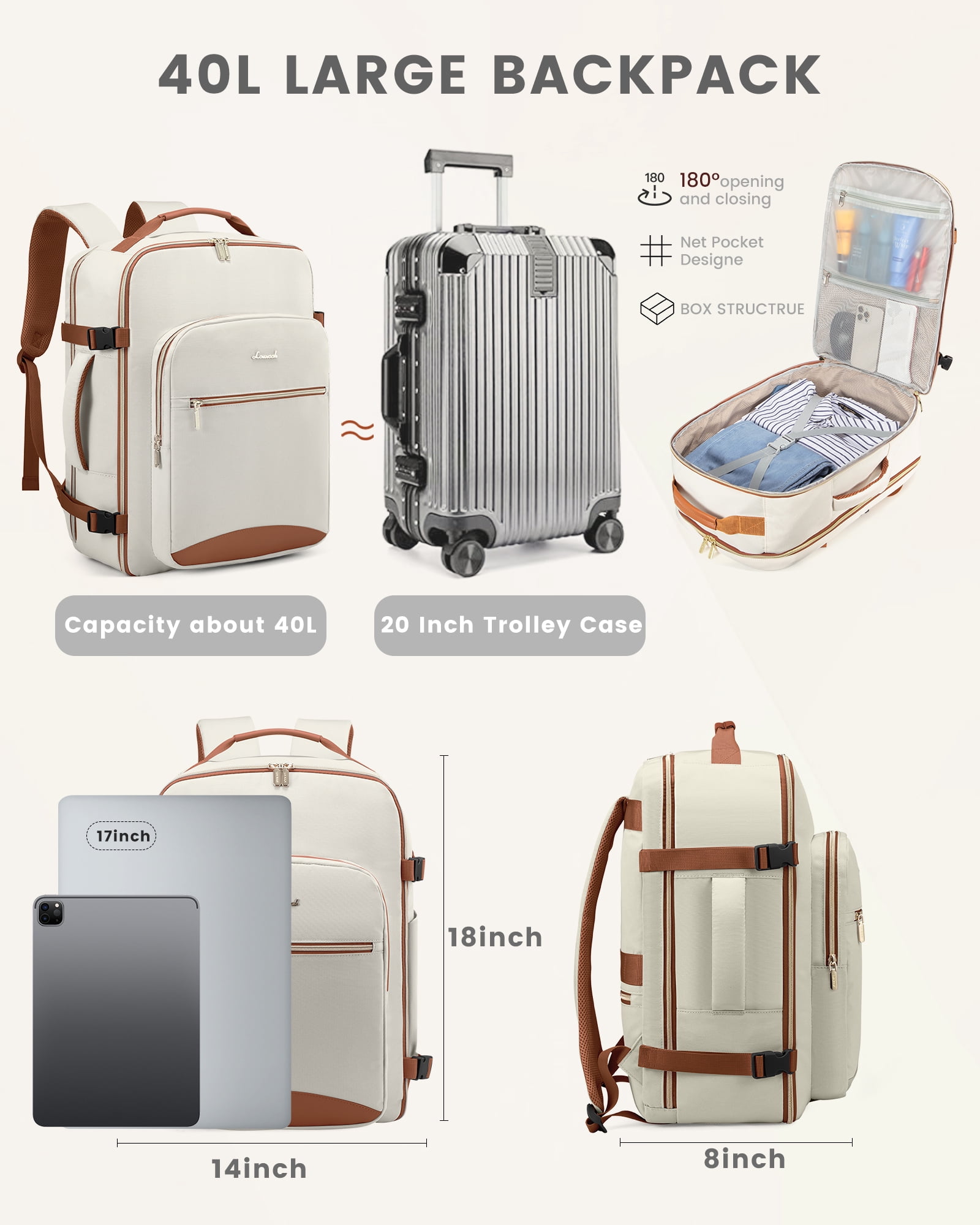 Lovevook Unisex Waterproof Travel Backpack with Packing Cubes, Beige