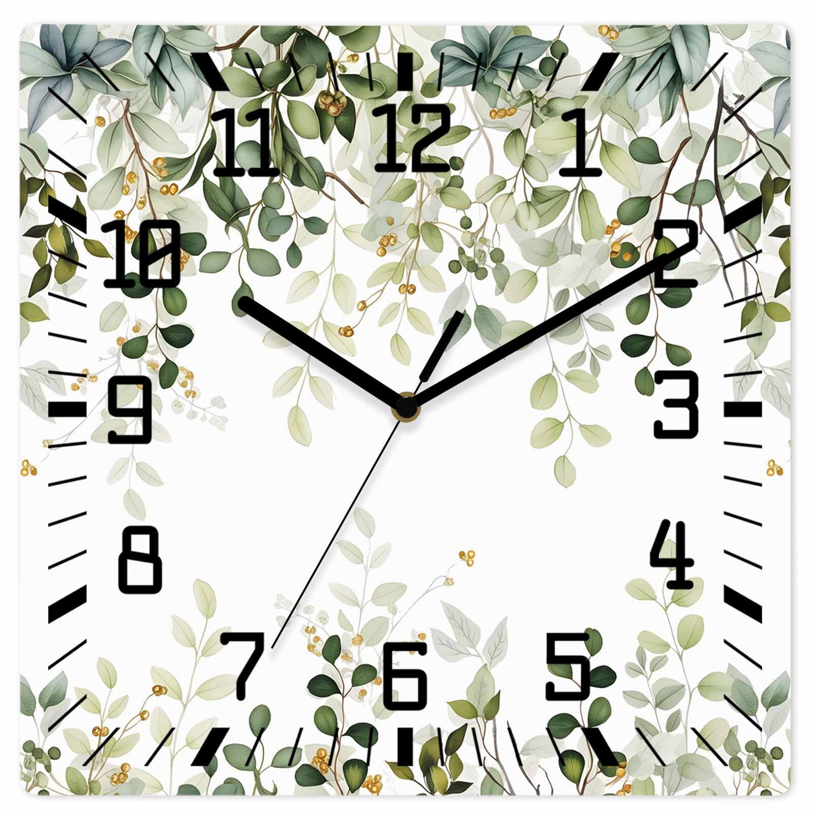 Sage Green Eucalyptus Wooden Wall Clock Silent Non Ticking, Spring Leaves Botanical Watercolor Square Wall Clocks Battery Operated, Decor Clock for Home Office, Living Room, Kitchen, 12 Inch