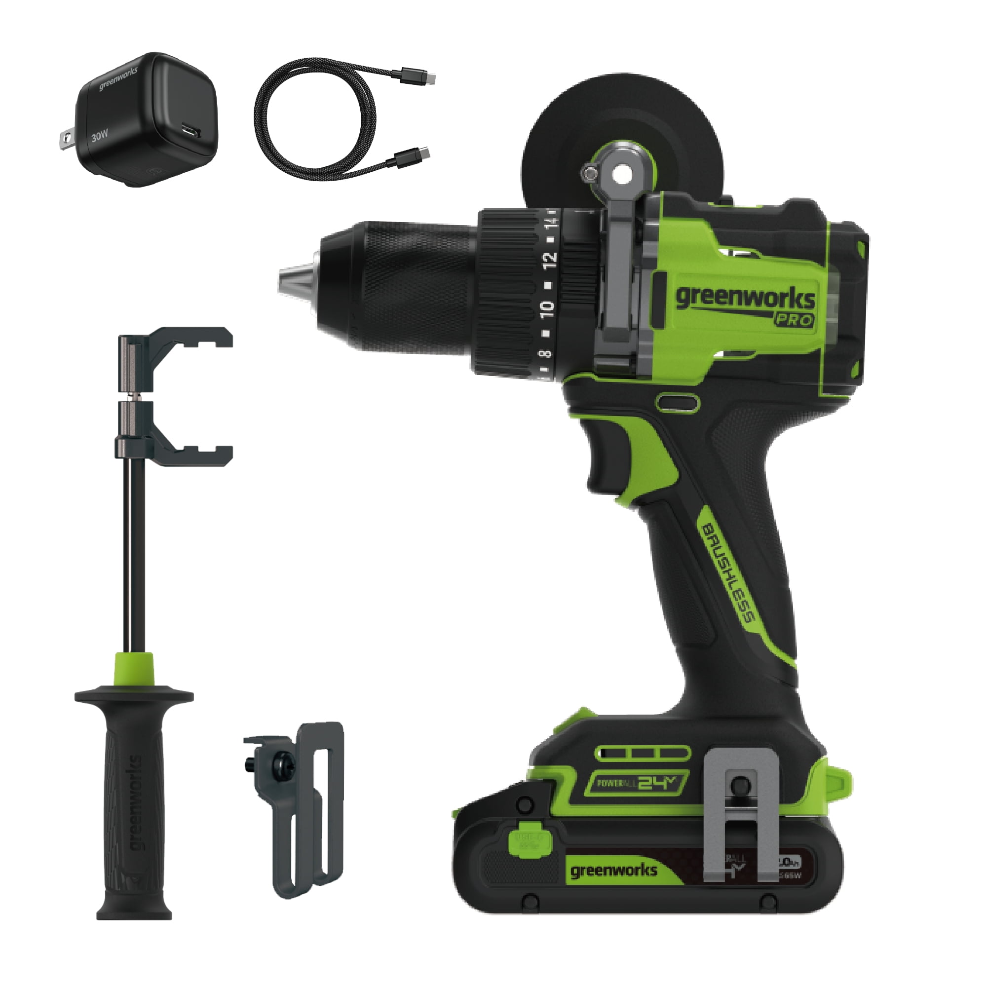 Greenworks Pro 24V 850 in-lb 1/2" Hammer Drill, with 2.0 Ah Battery and Charger, PowerAll, HD595A1