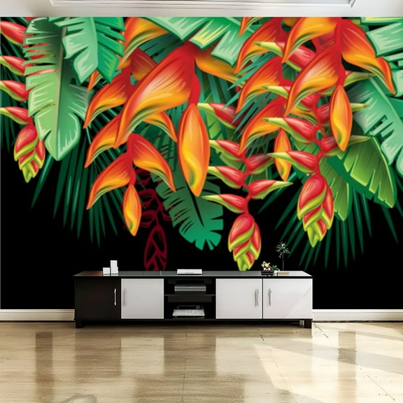 Peel and Stick Canvas Wallpaper Wall Mural Tropical plants heliconia flowers Wall Art Self Adhesive and Removable 69in x 98in