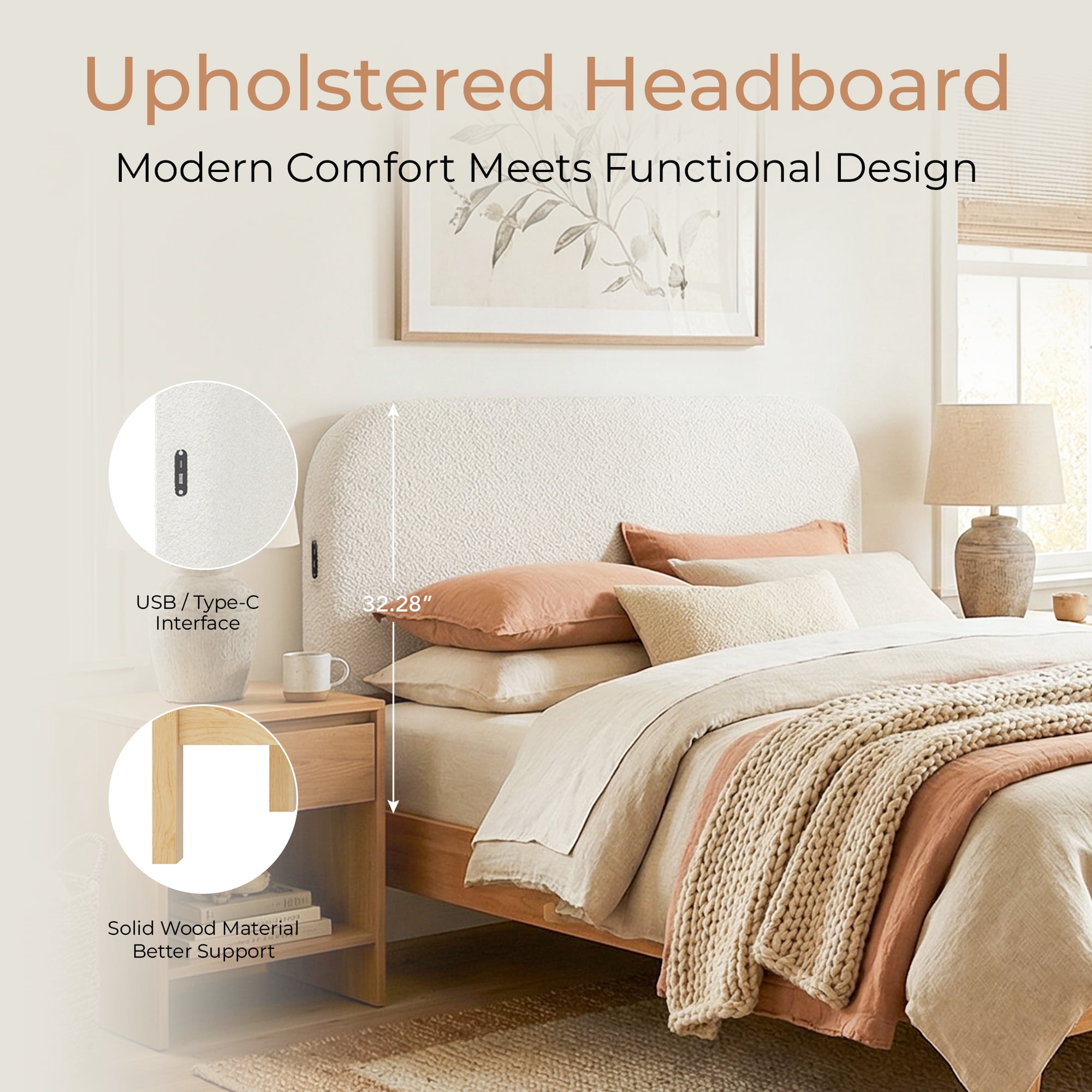 Spruce & Spring Mid-Century Modern Upholstered Platform Bed with USB Charging, Boucle Headboard, No Box Spring Needed, Full Size Bed Frame, Cream