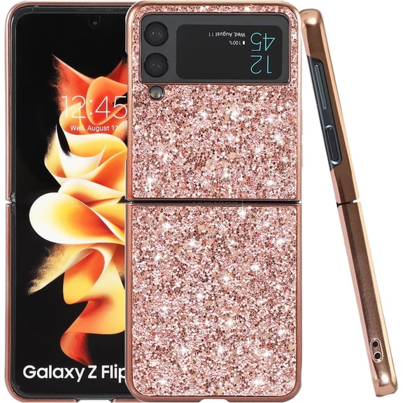 Compatible with Samsung Z Flip 4 Case Glitter Shockproof, for Samsung Galaxy Z Flip 4 Phone Case Bling Sparkly Soft TPU and PC Silicone Shiny Girl Women Thin Protective Cover (Rose Gold)