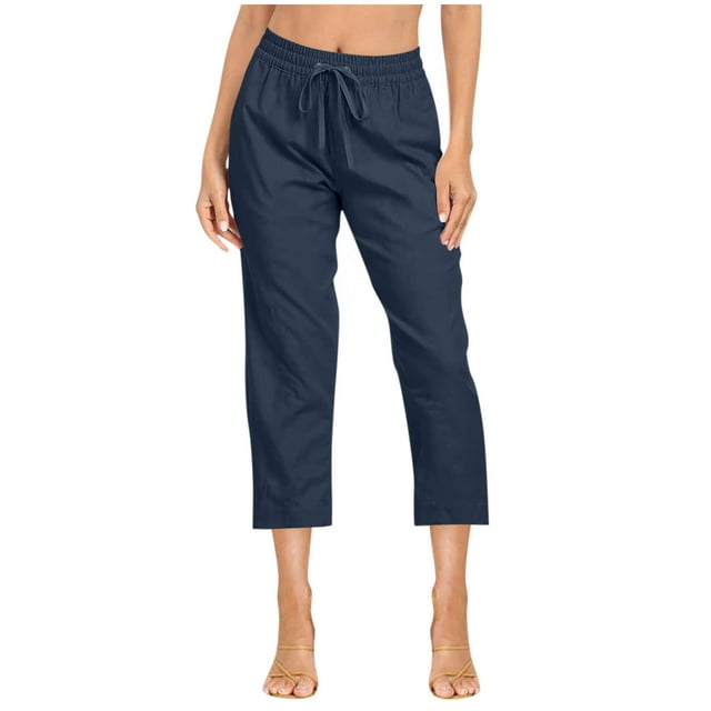 Plebaso Pantalon Capri Décontracté pour Femme Été Capris à Cordon Uni Léger avec Poches Pantalon Court