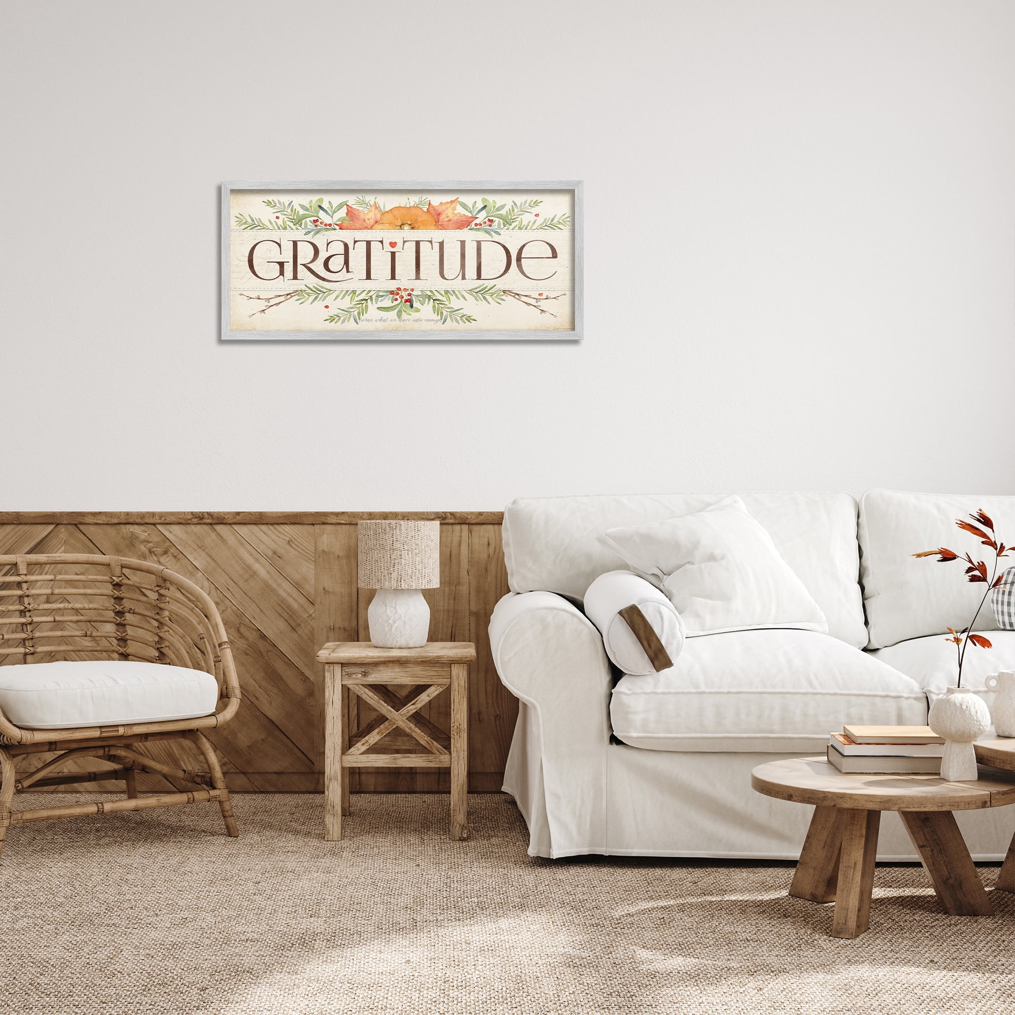 Stupell Industries Seasonal Gratitude Floral Leaves Typography Painting Gray Framed Art Print Wall Art, 30 x 13