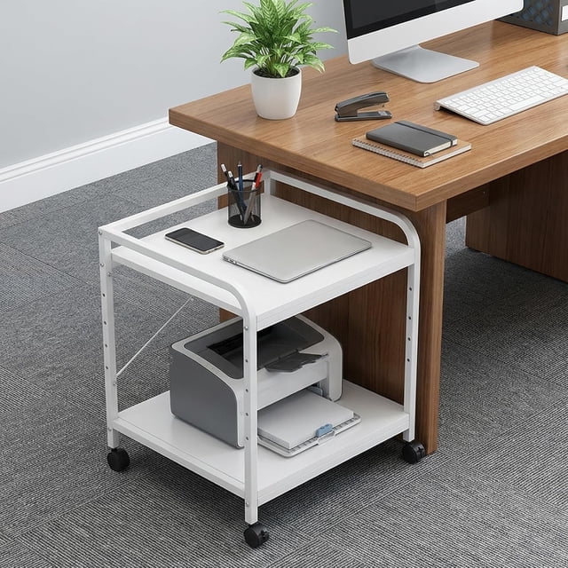 Support d'Imprimante Grand de 20 Pouces, Table d'Imprimante à 2 Niveaux sous le Bureau avec Tablette à Hauteur Réglable, Chariot d'Imprimante Roulant avec Roues pour Rangement de Bureau à Domicile, Blanc