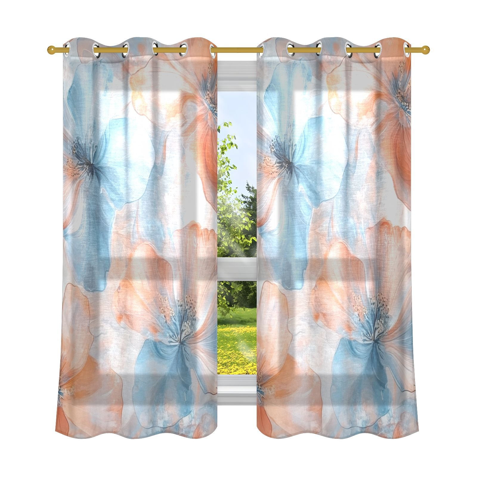Orange Blue Flowers Blackout Curtains 63 inch Length 2 Panels Window Decoration Curtains for Bedroom Living Room