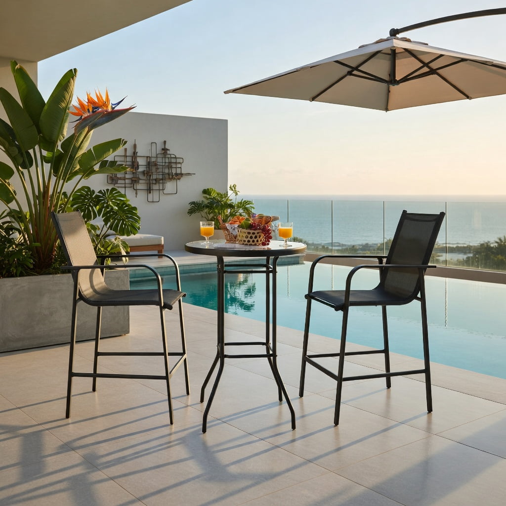 Hommoo 3-Piece Outdoor Patio Bar Set, Steel Frame with Tempered Glass Table & Fabric Stools for Backyard, Poolside & Garden, Black