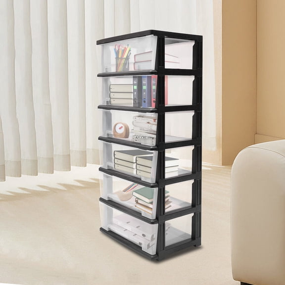 Rolling Drawer Cart Wide Tower PP 6-Drawers Dorm Storage Cabient for Offices White/ Black