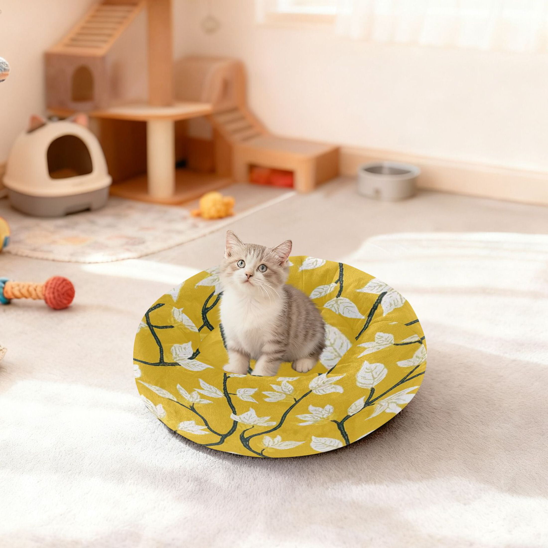 Iauyy Pet Couch Donut Cat Bed for Indoor Cats/Small Dogs Washable & Machine with Non-slip Bottom Calming Cat Furniture, Vine Leaves (S)
