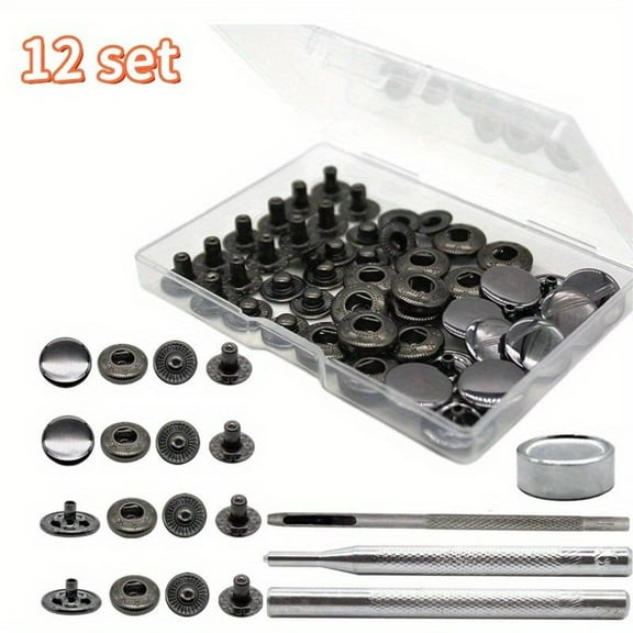 12 Set Snap Button Set, Heavy Duty 15mm Metal Snap Buttons, Leather Snap Buttons and Sewing Crafts, Press Pins with 4 Installation Tools for Shoes, Clothes, Jeans, Denim Jackets, Bags