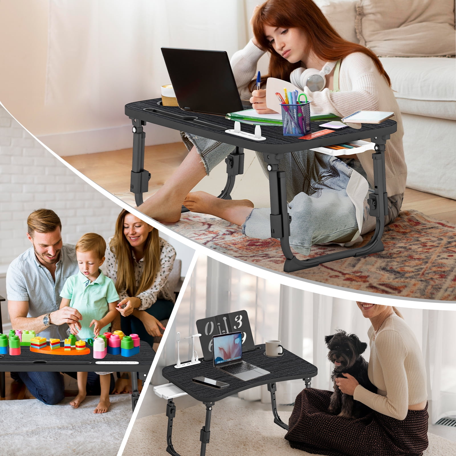 Foldable Laptop Desk,Height Adjustable,with USB/Storage Drawer/Cup Holder/Tablet Stand/Book Shelf for Reading,Writing,Eating,Watching,Black