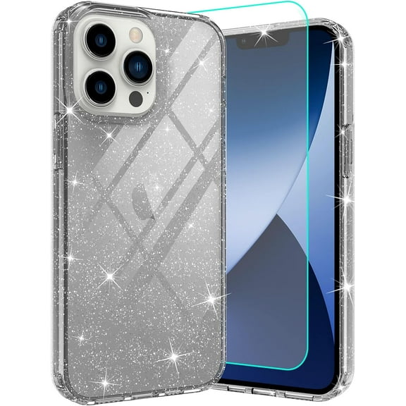Compatible with iPhone 14 Pro Max 6.7" Case Cute Bling Sparkle Glitter TPU Soft Case Screen Protector Anti-Scratch Shockproof Transparent Clear Cover -Black