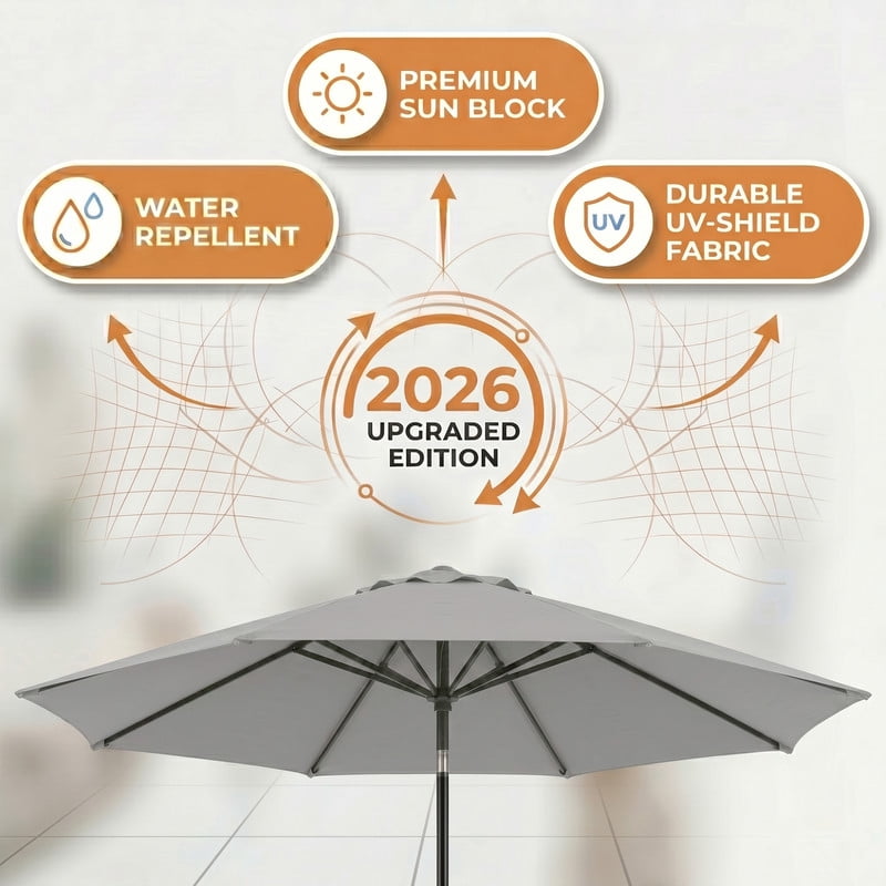 Lacoo 9' Outdoor Patio Umbrella, Market Table Umbrella with Push Button Tilt, 8 Heavy-Duty Steel Ribs & Wind Vents, Gray