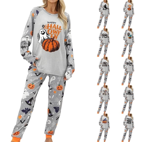 WJOSBXT Halloween Pajamas Women Long Sleeve Tops Matching Sleep Pants Holiday Pjs Ghost Pumpkin Graphic Funny Costumes L