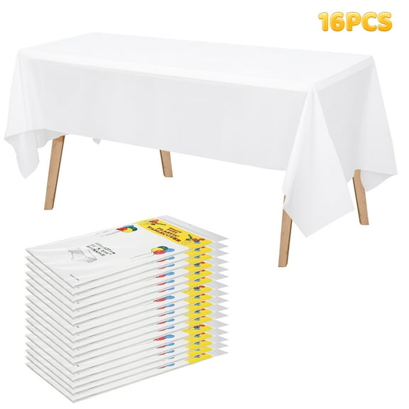 Topekada 16 Packs White Plastic Table Cloth Disposable, Table Cloth Cover for Retangle Table, 54"x108" Decorative Tablecloth for Parties, Picnics, Camping, Waterproof & Stain-Resistant