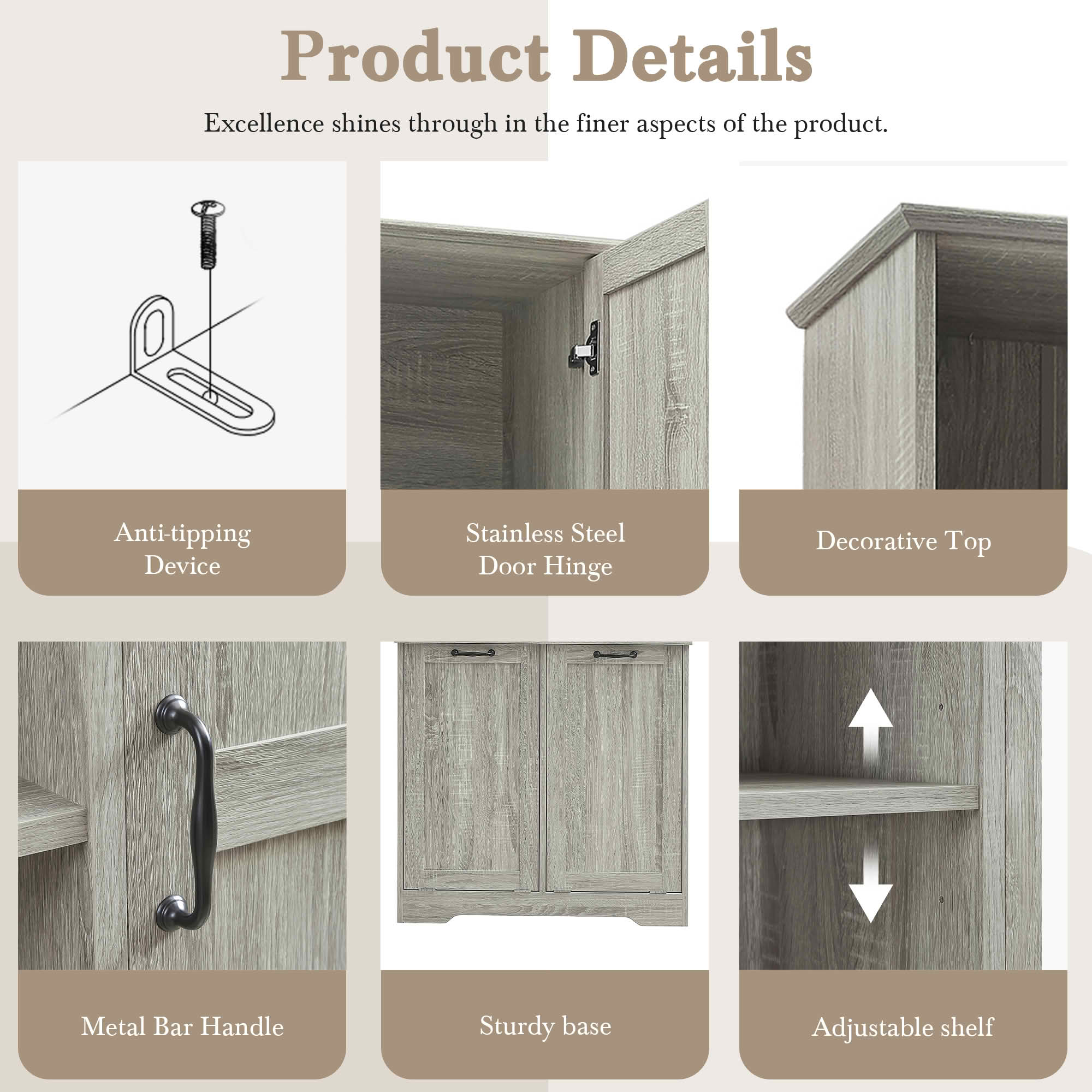 MAYEERTY Bathroom Storage Cabinet with Doors Drawers, Tilt-Out Laundry Hamper Open Adjustable Shelf, Freestanding Multi-Storage, Oak