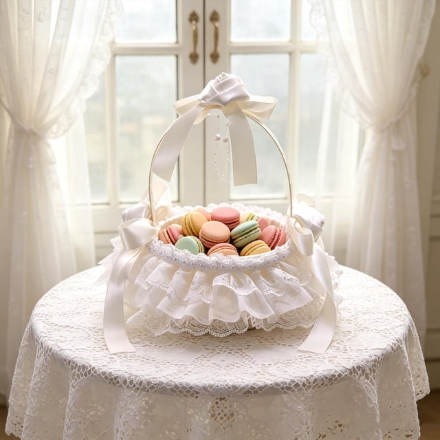 White Lace Flower Girl Basket With Pearl Romantic Bridal Handheld Basket For Wedding Petal Toss Ceremony Prop