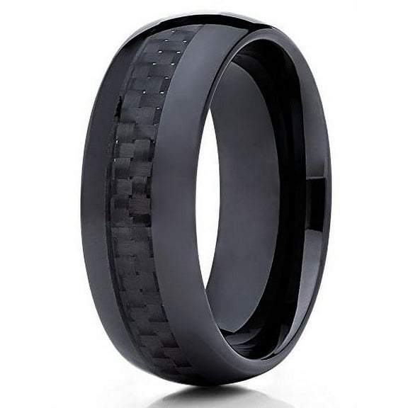 Ceramic Wedding Band Black Carbon Fiber Insert 8mm Black Ceramic Ring Dome Men Women Comfort Fit